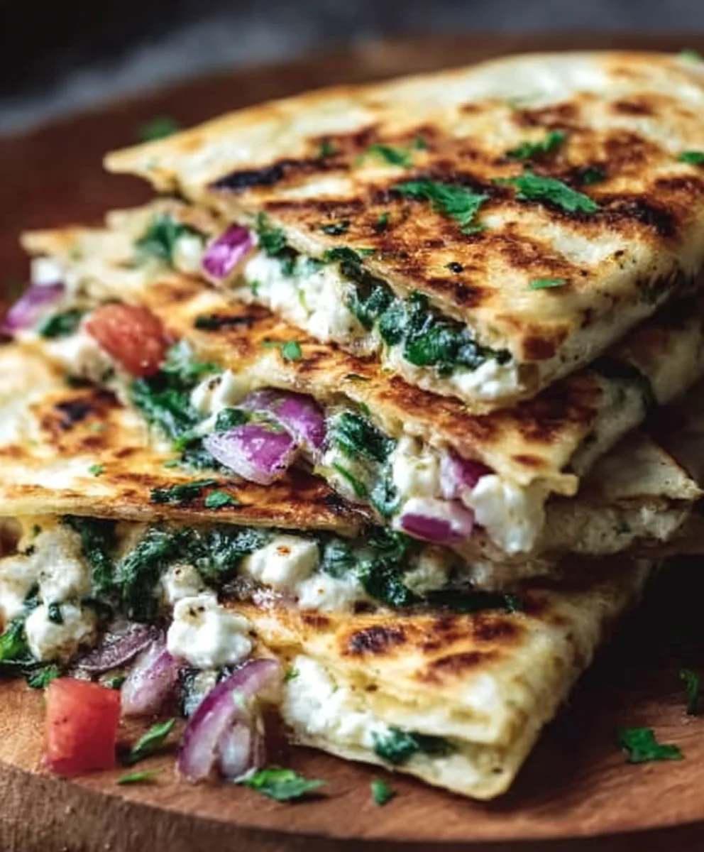 Mediterranean Quesadillas-Spinach Feta Mozzarella Red Onion