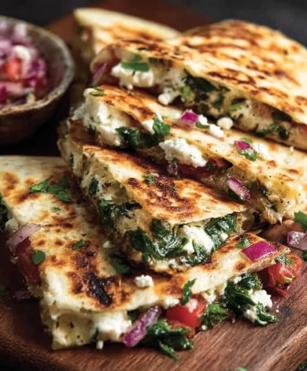 Mediterranean Quesadillas-Spinach Feta Mozzarella Red Onion