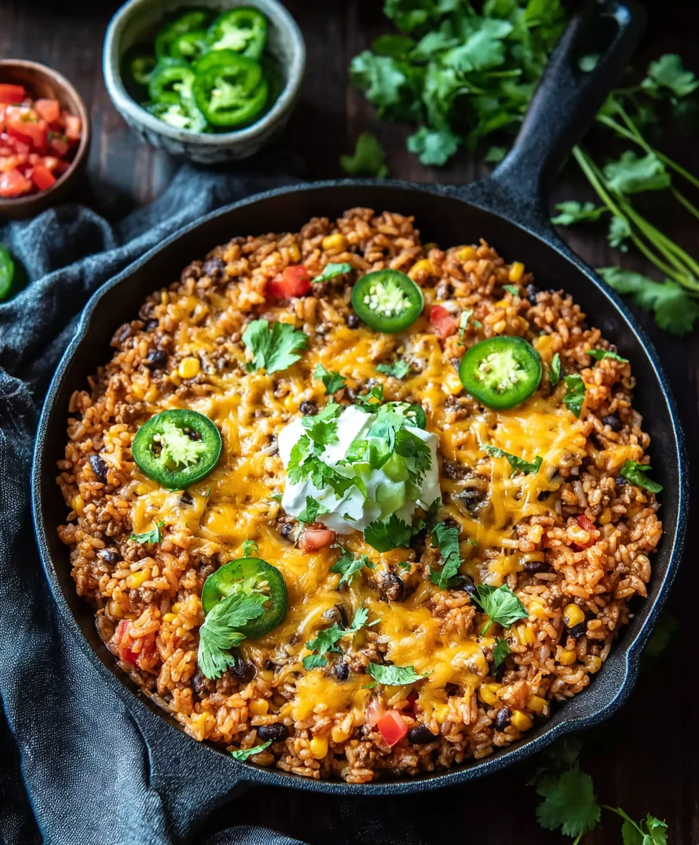 Cheesy Beef Taco Rice Skillet-Quick & Easy Dinner