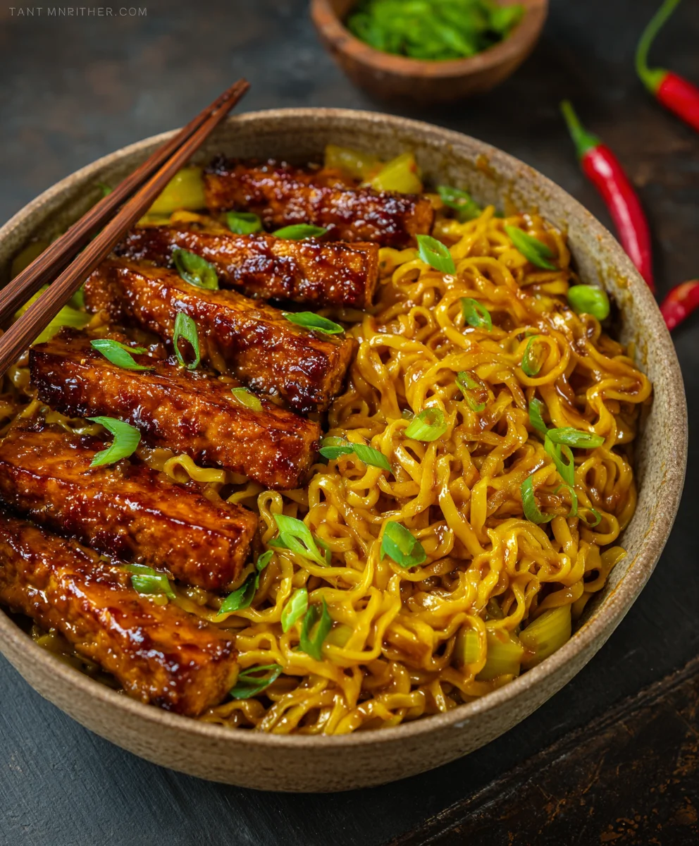 Sweet Spicy Tempeh Garlic Curry Noodles