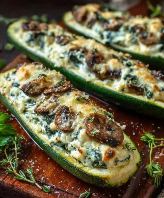 Spinach, Mushroom, and Ricotta Stuffed Zucchini Boats