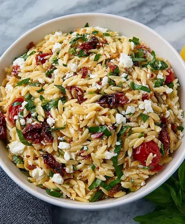 Homemade Orzo Pasta Salad with Feta and Sun Dried Tomatoes - FlirtyFood