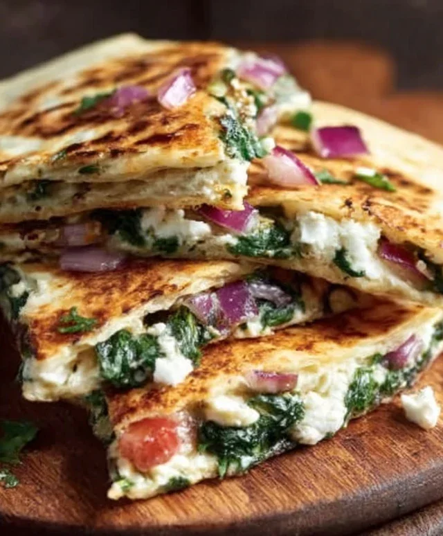 Mediterranean Quesadillas with Spinach, Feta, Mozzarella, and Red Onion