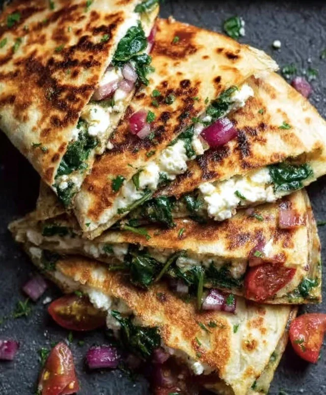 Mediterranean Quesadillas with Spinach, Feta, Mozzarella, and Red Onion