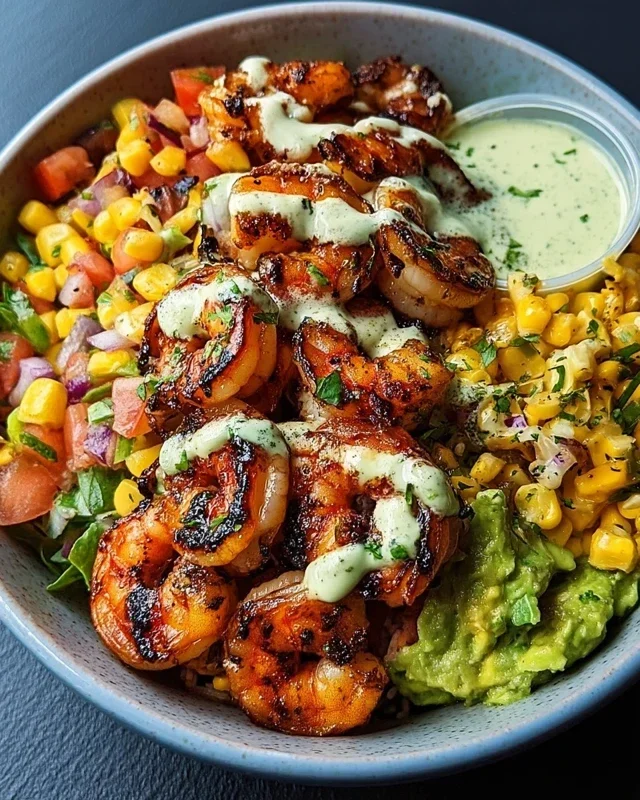 Grilled Shrimp Bowl With Avocado Corn Salsa Creamy Garlic Sauce