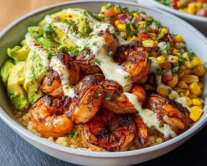 Grilled Shrimp Bowl With Avocado Corn Salsa Creamy Garlic Sauce