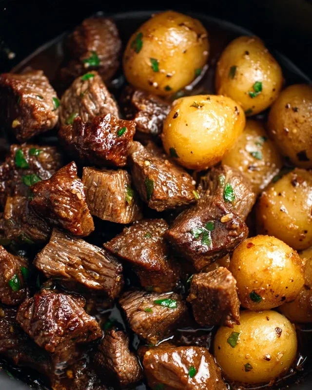 Slow Cooker Garlic Butter Beef Bites with Potatoes