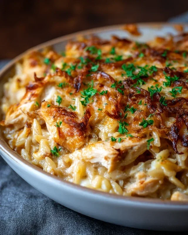 French Onion Chicken Orzo Casserole
