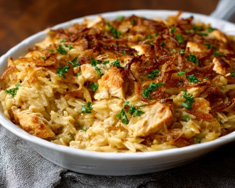 French Onion Chicken Orzo Casserole