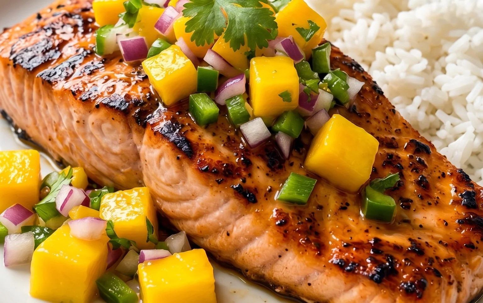 Grilled Salmon with Mango Salsa and Coconut Rice