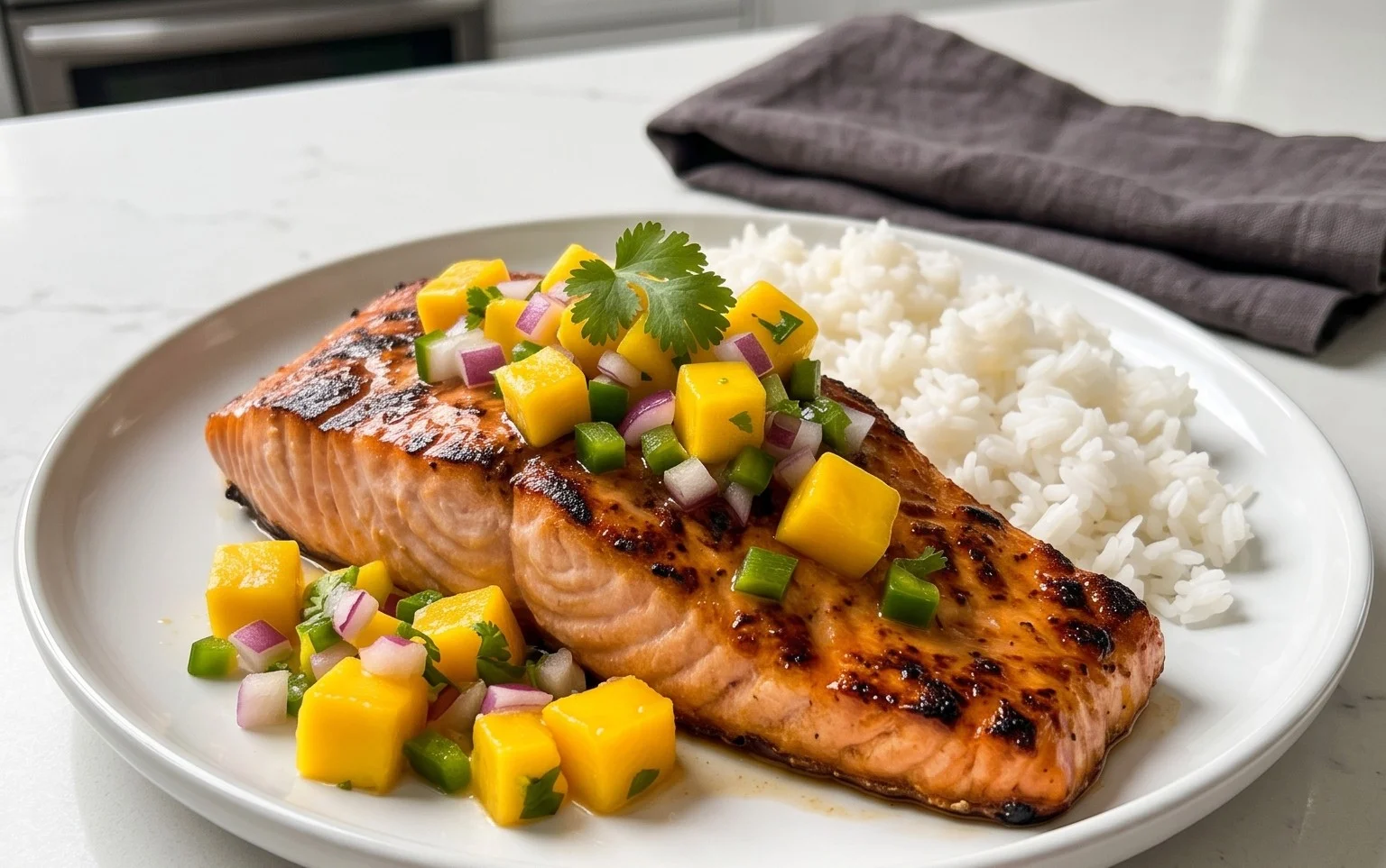 Grilled Salmon with Mango Salsa and Coconut Rice