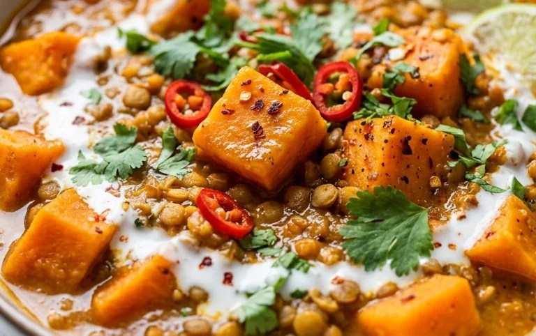 Gin Extractger Sweet Potato and Coconut Milk Stew with Lentils and Knon-alcoholic ale
