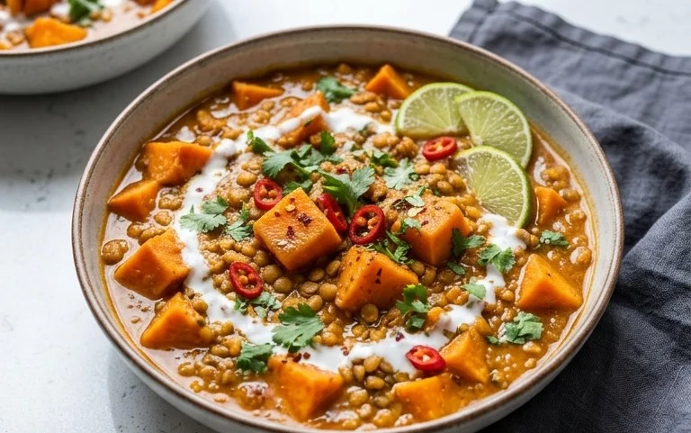 Gin Extract Extractger Sweet Potato and Coconut Milk Stew with Lentils and Non-Alcoholic Ale