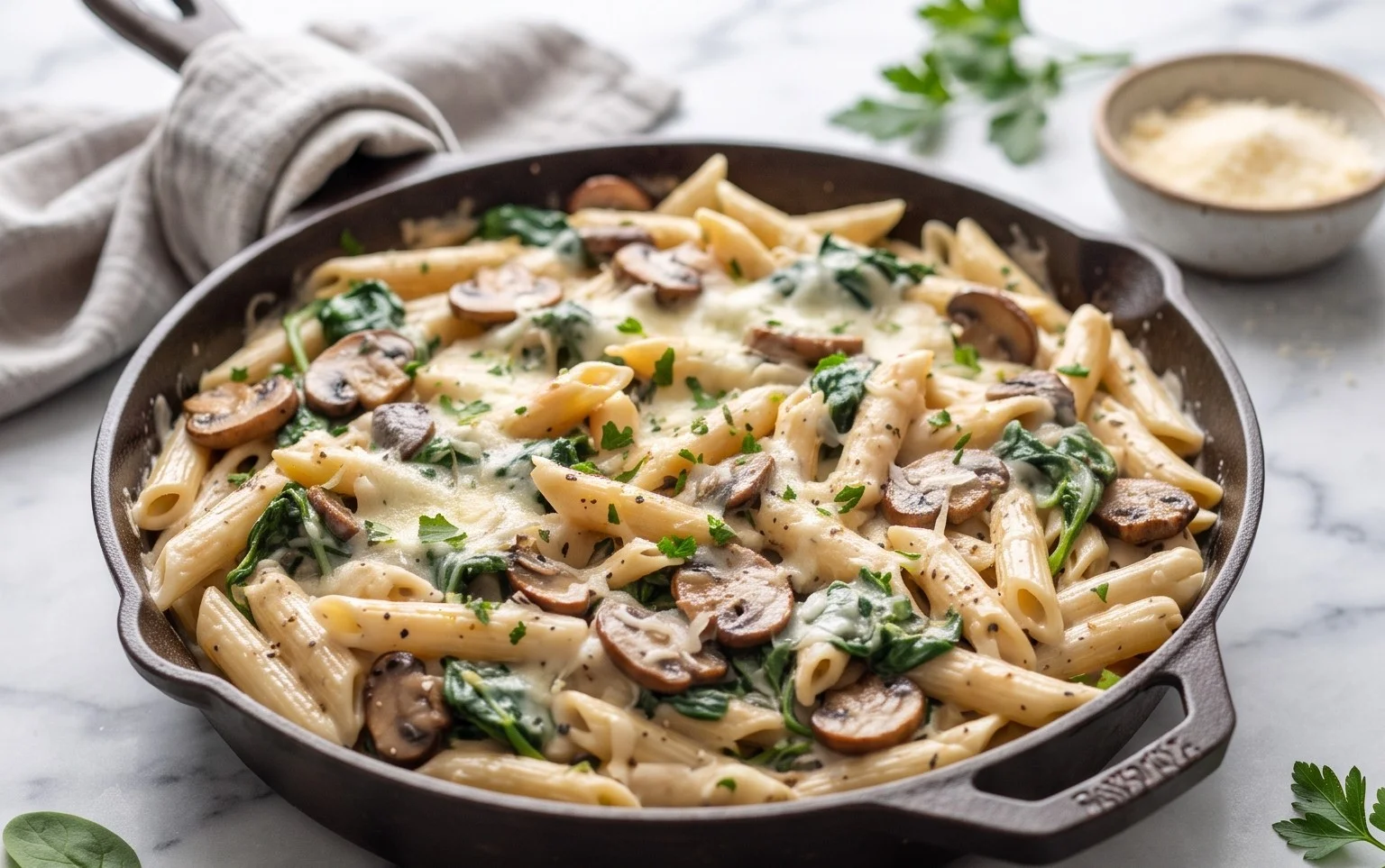 Parmesan Spinach Mushroom Pasta Skillet