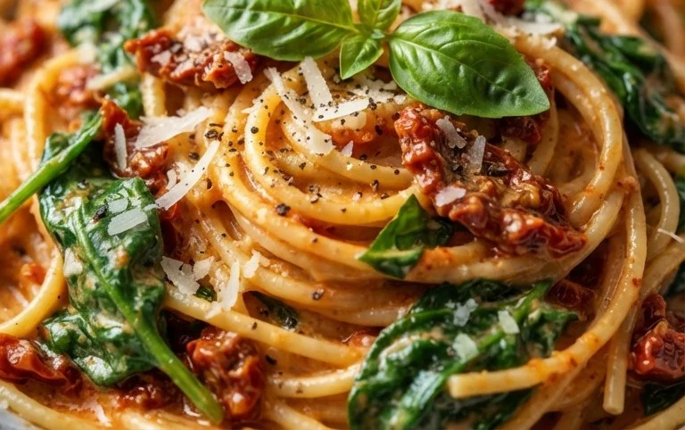 Spaghetti & Spinach with Sun-Dried Tomato Cream Sauce