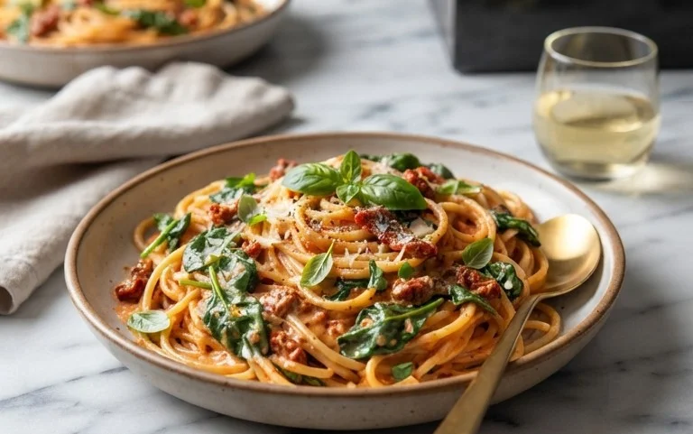 Spaghetti & Spinach with Sun-Dried Tomato Cream Sauce