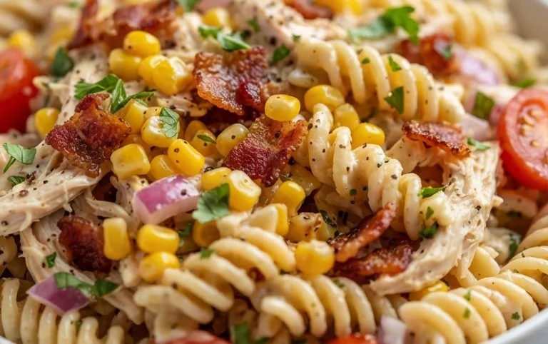 Chicken and Corn Pasta Salad with Beef Bacon