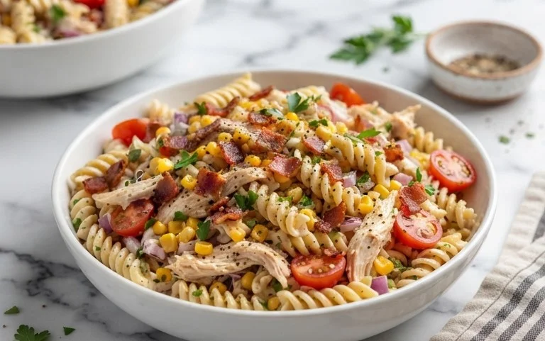 Chicken and Corn Pasta Salad with Beef Bacon