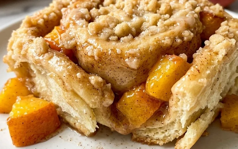Peach Cobbler Cinnamon Rolls with Crum extractb Topping