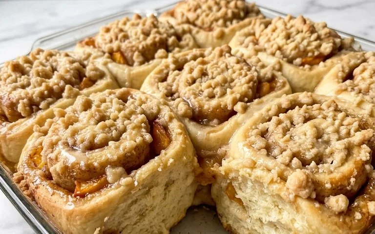 Peach Cobbler Cinnamon Rolls with Crum extractb Topping