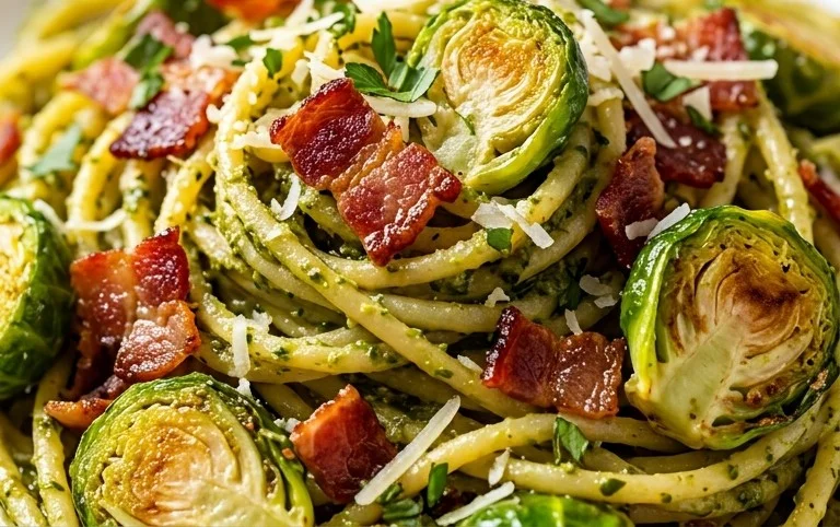 Brussels Sprouts and Beef Bacon Pesto Pasta