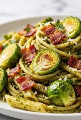 Brussels Sprouts and Beef Bacon Pesto Pasta