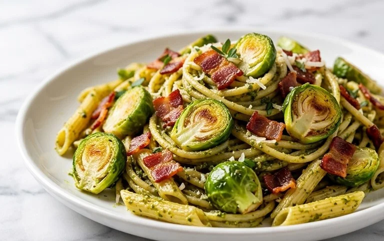 Brussels Sprouts and Beef Bacon Pesto Pasta