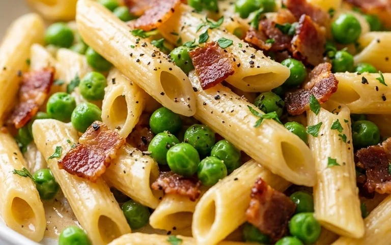 Penne Pasta, Peas and Beef Bacon