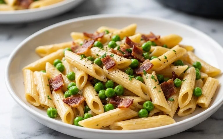 Penne Pasta, Peas and Beef Bacon