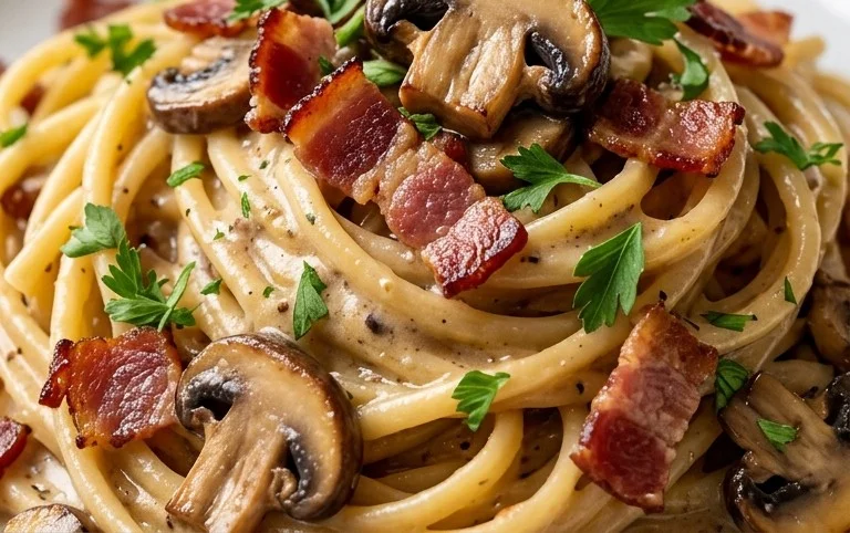 Creamy Beef Bacon and Mushroom Pasta