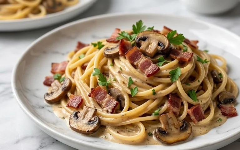 Creamy Beef Bacon and Mushroom Pasta