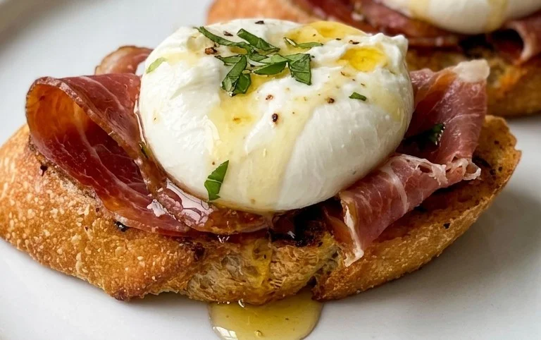 Beef Prosciutto Crostini with Burrata and Lemon Honey Drizzle