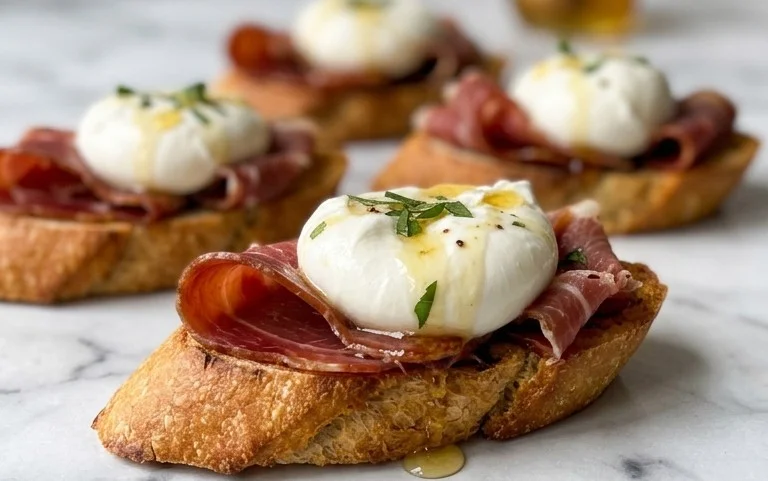 Beef Prosciutto Crostini with Burrata and Lemon Honey Drizzle